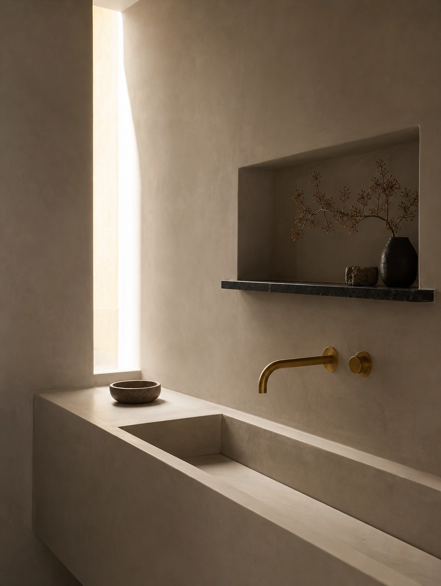 A bathroom with a floating timber vanity against a microcement wall