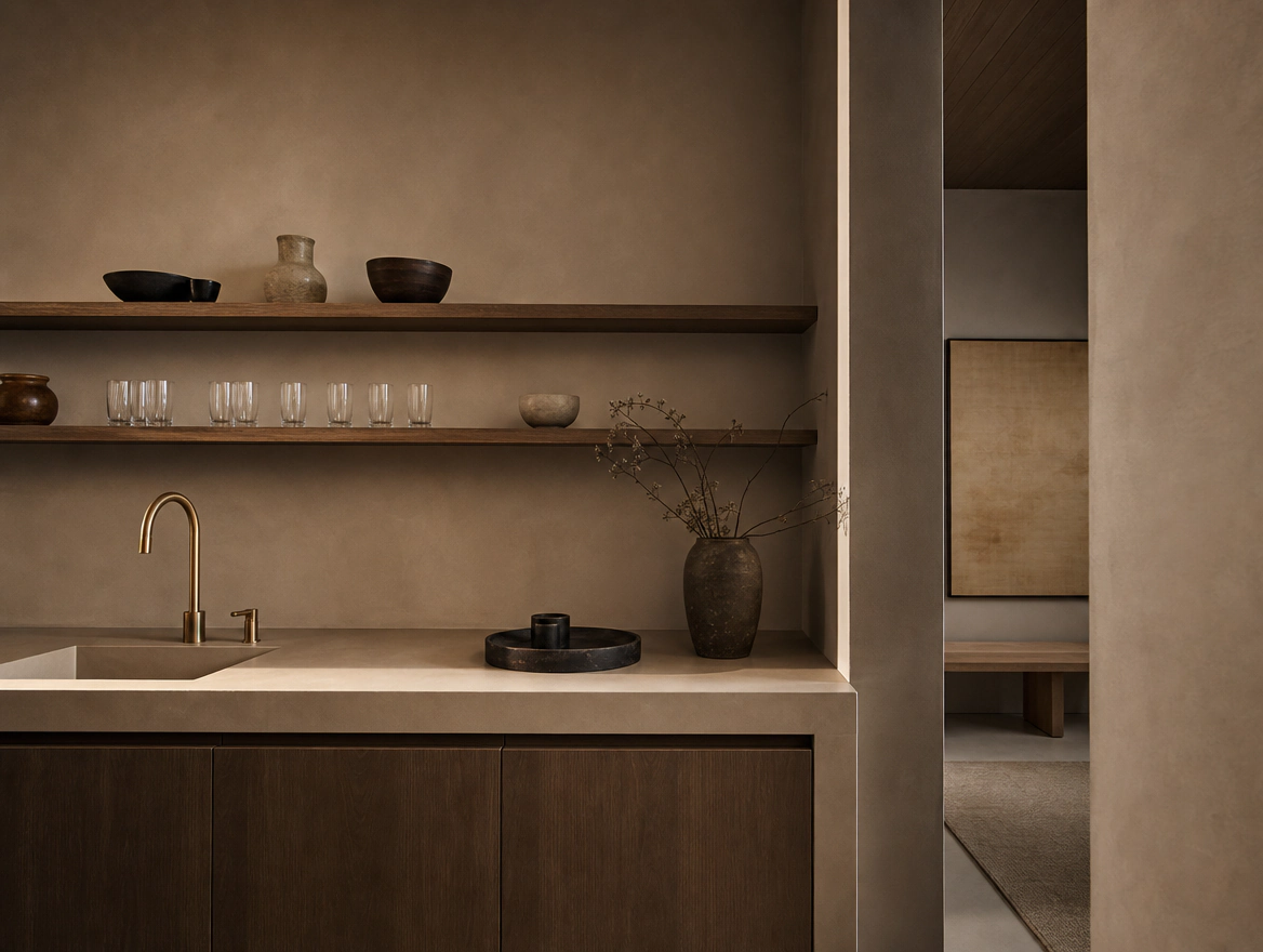 A butlers pantry with microcement walls and shelving
