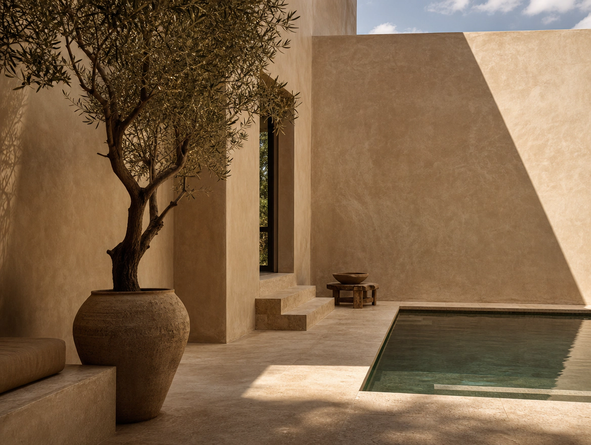 A plunge pool set into a courtyard, surrounds finished in a smooth grey render