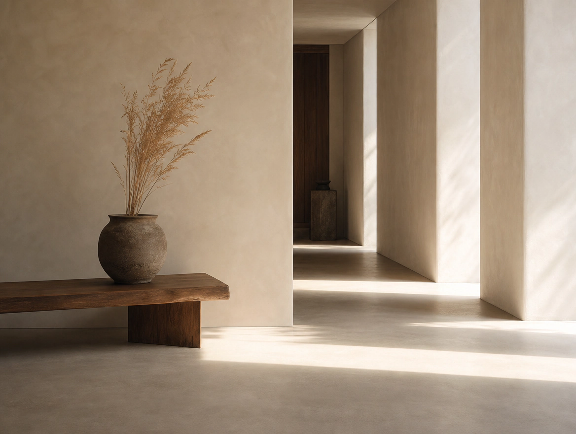 An entry hallway with microcement walls and floor