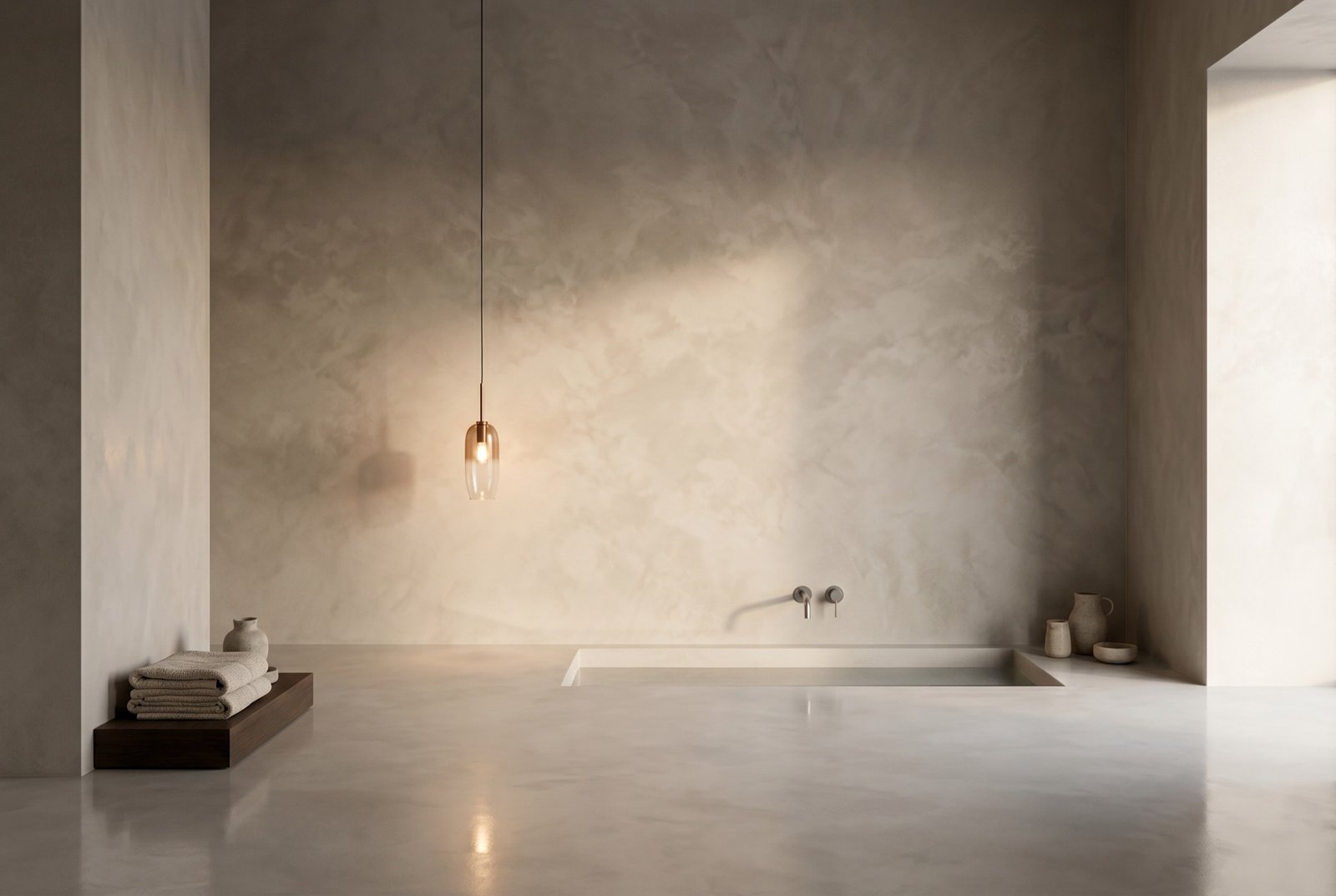 A bathroom finished in warm toned microcement