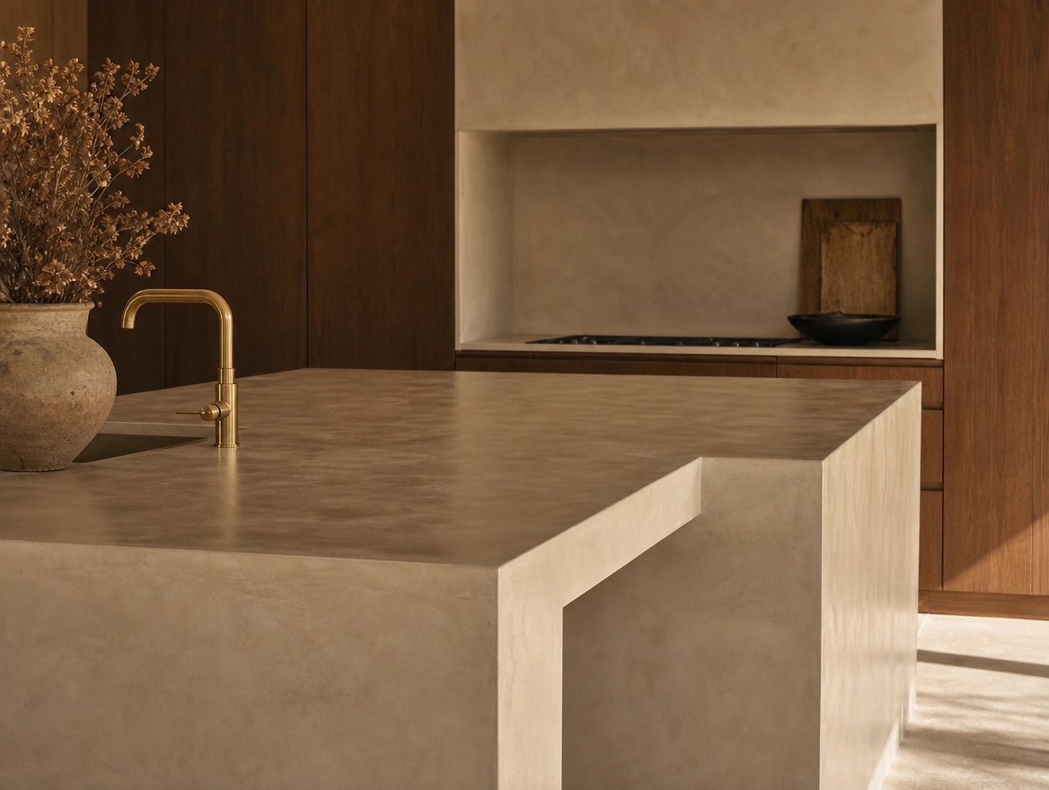 A kitchen island with a microcement waterfall edge