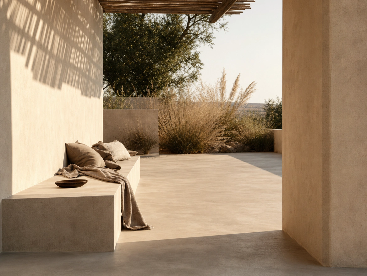 An outdoor terrace with a built in bench finished in microcement