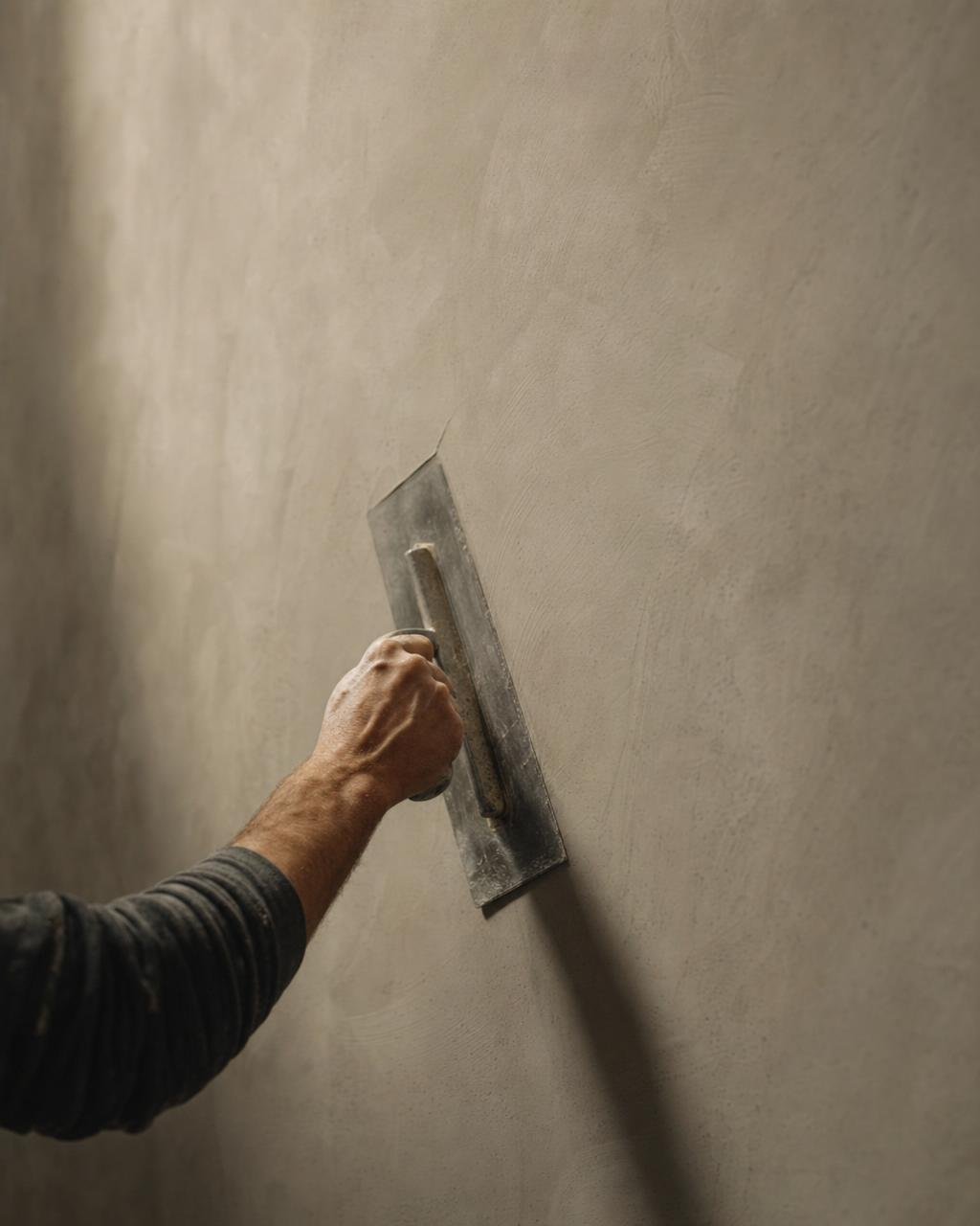 A hand drawing a trowel across fresh microcement on a wall