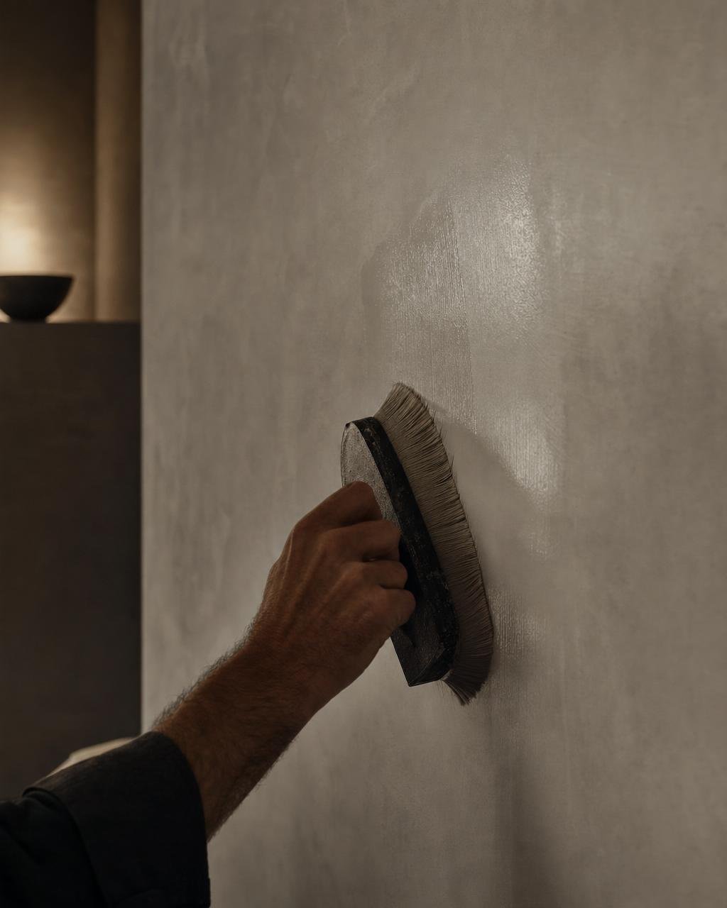 A hand drawing a sealer across a finished microcement wall with a wide brush