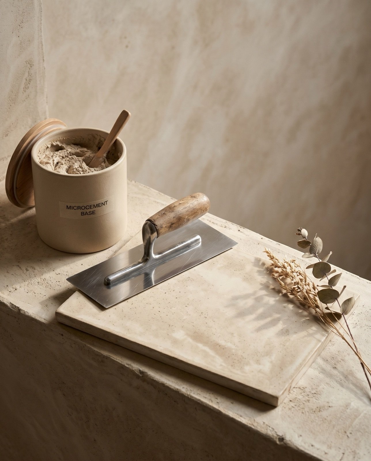 A tub of microcement with a trowel resting on the lid