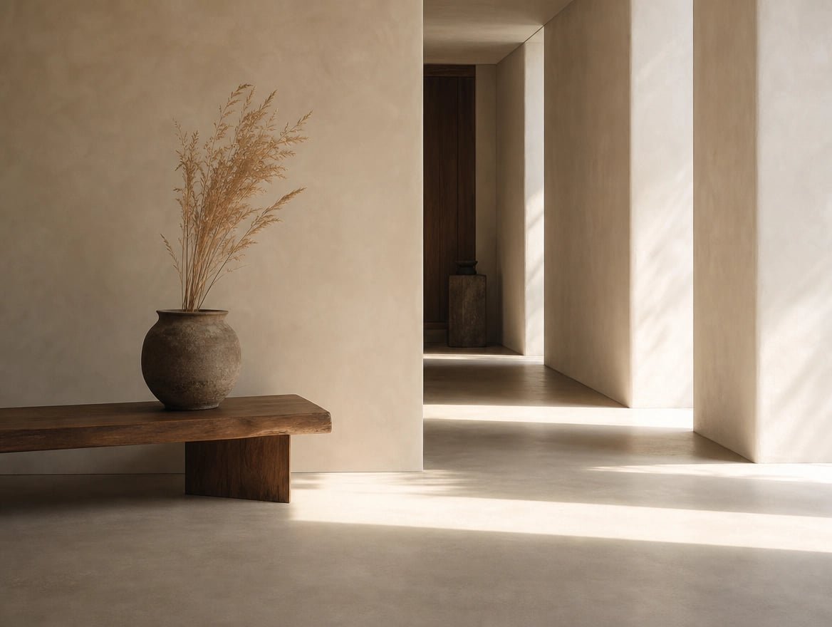 An entry hallway with microcement walls and floor, a timber bench and a stone pot